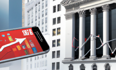 A realistic, digital illustration of a bustling Wall Street scene, featuring the iconic New York Stock Exchange building in the background. In the foreground, a large transparent stock ticker displays