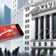 A realistic, digital illustration of a bustling Wall Street scene, featuring the iconic New York Stock Exchange building in the background. In the foreground, a large transparent stock ticker displays