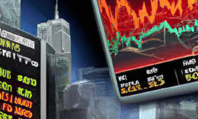 Create an image of a bustling futuristic cityscape with digital screens highlighting news headlines. One screen prominently displays Bitcoin ETF Demand Reaches 6-Month Peak with graphs showing upward