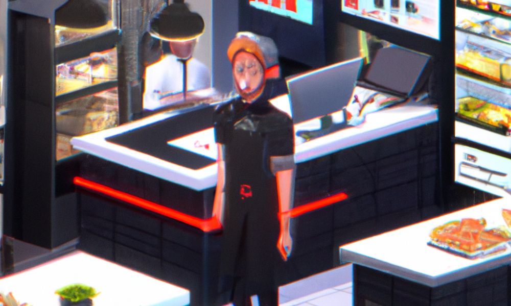 Create an image of a bustling futuristic convenience store, glowing with neon lights and technological advancements. Inside, robotic assistants restock shelves with precision, while digital kiosks off