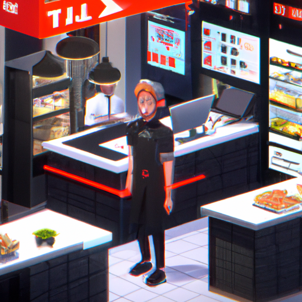 Create an image of a bustling futuristic convenience store, glowing with neon lights and technological advancements. Inside, robotic assistants restock shelves with precision, while digital kiosks off