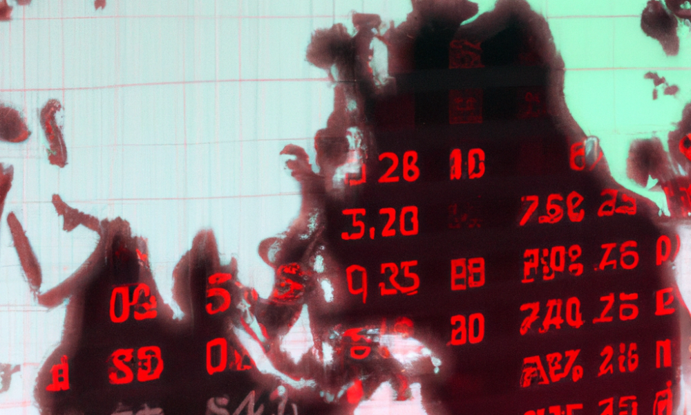 Create an image depicting a digital cartoon representation of a stock market chart with semiconductor chips and ASML logos plummeting in value. Include a background of an animated world map with certa