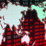 Create an image depicting a digital cartoon representation of a stock market chart with semiconductor chips and ASML logos plummeting in value. Include a background of an animated world map with certa