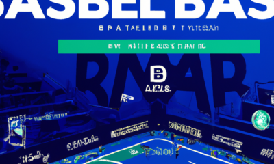 Create an image depicting a basketball court with vibrant team colors, incorporating elements of cryptocurrency such as digital coin motifs and blockchain patterns. Show the Coinbase logo prominently