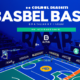 Create an image depicting a basketball court with vibrant team colors, incorporating elements of cryptocurrency such as digital coin motifs and blockchain patterns. Show the Coinbase logo prominently