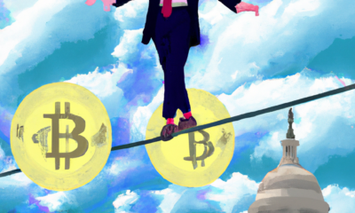 Create an image of a congressman in a suit standing on a tightrope that is stretched between the U.S. Capitol building and a graph representing cryptocurrency trends. He is balancing with a pole marke