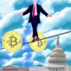 Create an image of a congressman in a suit standing on a tightrope that is stretched between the U.S. Capitol building and a graph representing cryptocurrency trends. He is balancing with a pole marke