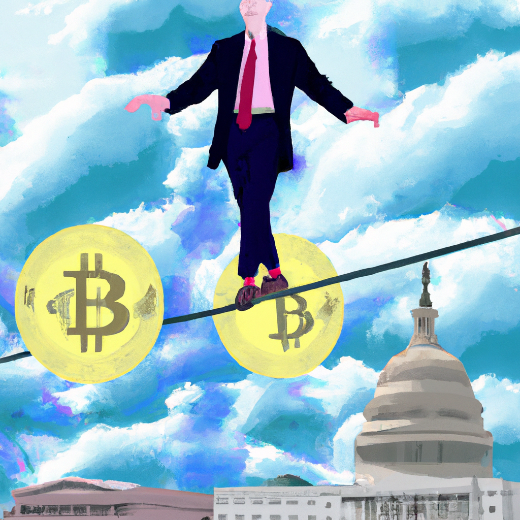 Create an image of a congressman in a suit standing on a tightrope that is stretched between the U.S. Capitol building and a graph representing cryptocurrency trends. He is balancing with a pole marke