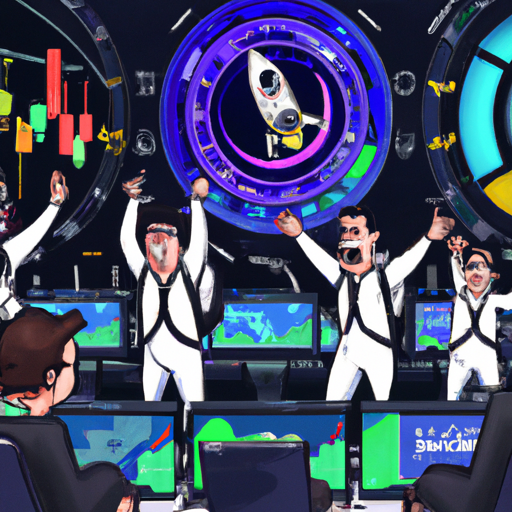 Create an illustration depicting a chaotic, futuristic trading floor where edgy, bold traders are surrounded by neon screens displaying volatile cryptocurrency prices. In one corner, a group of trader