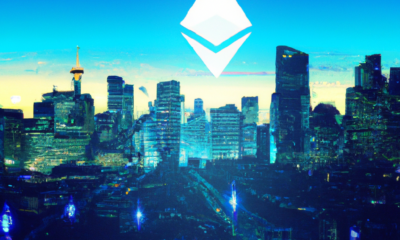 Create an image depicting a dynamic and futuristic cityscape representing the Ethereum blockchain, with skyscrapers symbolizing the robust Ethereum price. However, in contrast, show part of the city i