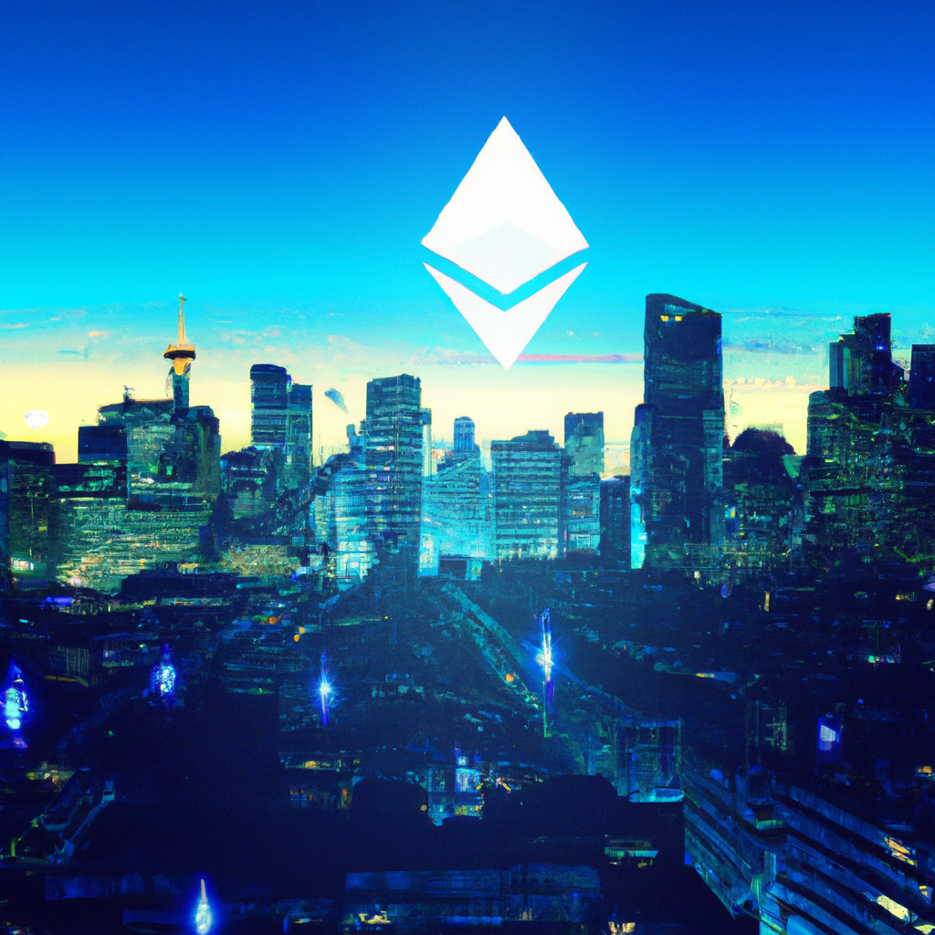 Create an image depicting a dynamic and futuristic cityscape representing the Ethereum blockchain, with skyscrapers symbolizing the robust Ethereum price. However, in contrast, show part of the city i