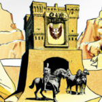 Create an image that depicts a symbolic representation of the German government protecting its banks from foreign influence. Illustrate this by showing a fortress-like building with bank emblems guard