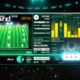 Create a detailed digital illustration depicting a futuristic football game in a sci-fi stadium. The focus should be on a holographic display highlighting the trade impact of Davante Adams on Aaron Ro