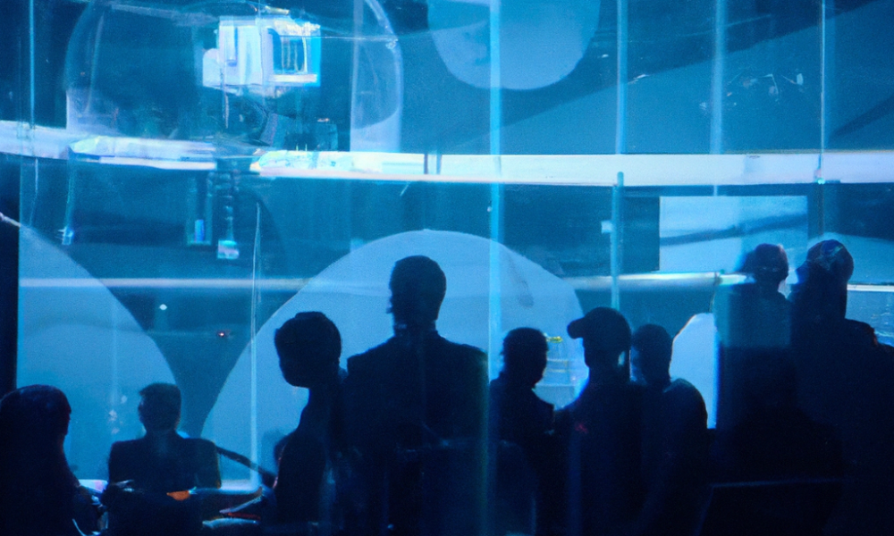 A futuristic office environment with a diverse group of AI researchers and ethicists gathered around a table, deep in discussion. In the foreground, a prominent figure is seen walking away, symbolical