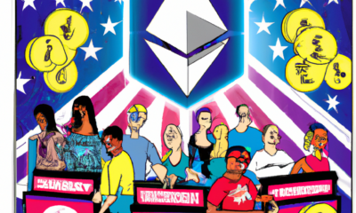 Create an image depicting a diverse group of people in a futuristic voting booth, each holding a ballot featuring various cryptocurrency symbols like Bitcoin, Ethereum, and Dogecoin. The booth is fill