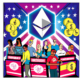 Create an image depicting a diverse group of people in a futuristic voting booth, each holding a ballot featuring various cryptocurrency symbols like Bitcoin, Ethereum, and Dogecoin. The booth is fill