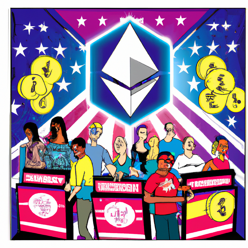 Create an image depicting a diverse group of people in a futuristic voting booth, each holding a ballot featuring various cryptocurrency symbols like Bitcoin, Ethereum, and Dogecoin. The booth is fill