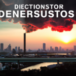 Create an image depicting an industrial oil refinery at dusk near a cityscape, with visible thick plumes of smoke and gas emissions rising into the sky. The scene should depict an air quality monitori