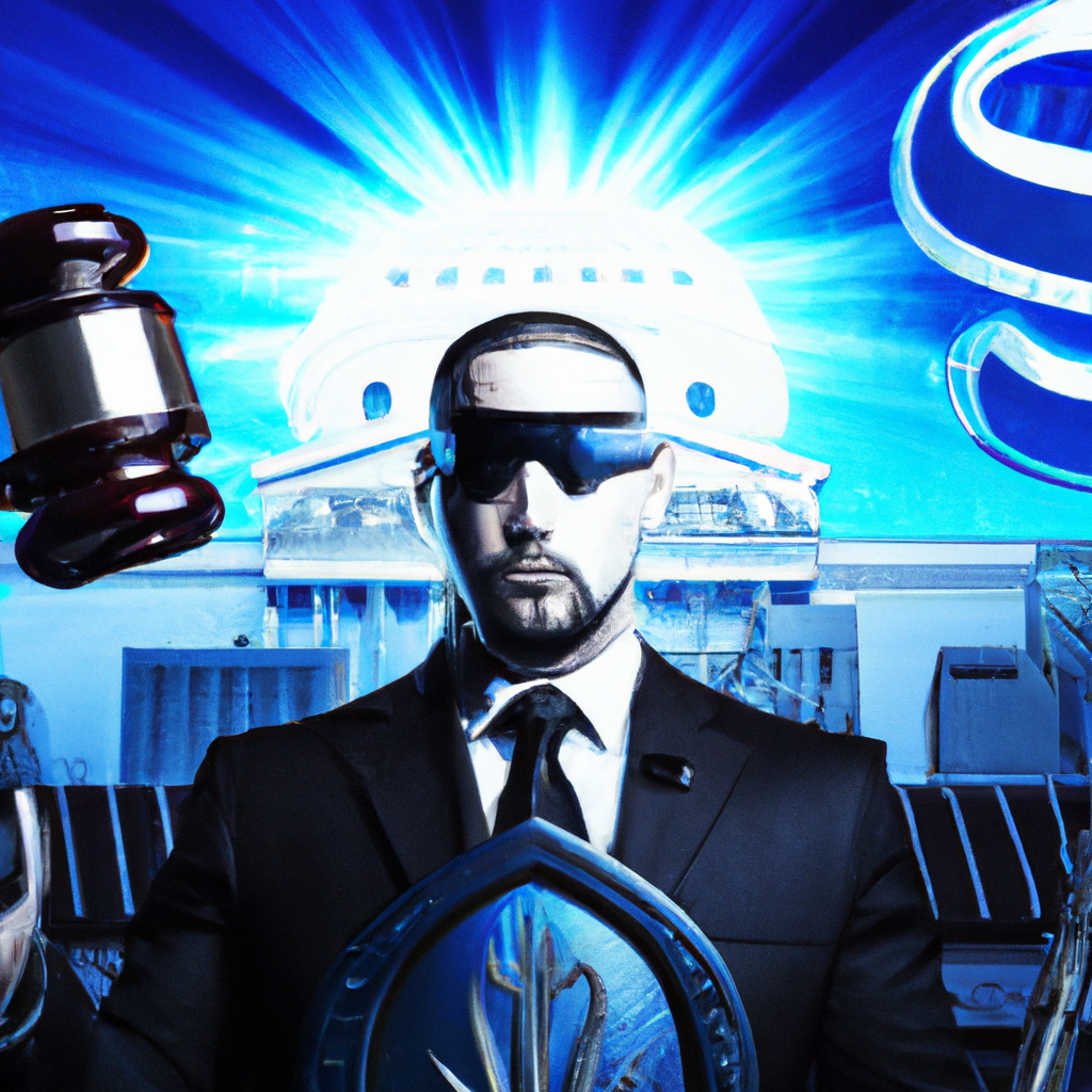 Create an image illustrating a dramatic scene where the concepts of security and politics are visually clashing. In the foreground, depict a figure symbolizing security, clad in modern tactical gear,