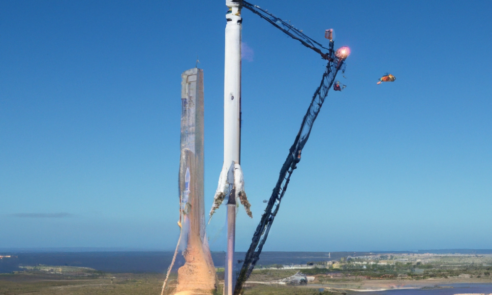 Create an image of the SpaceX Starship booster being successfully captured during its fifth test flight. The scene should depict the booster descending gracefully through a clear blue sky, with the ma