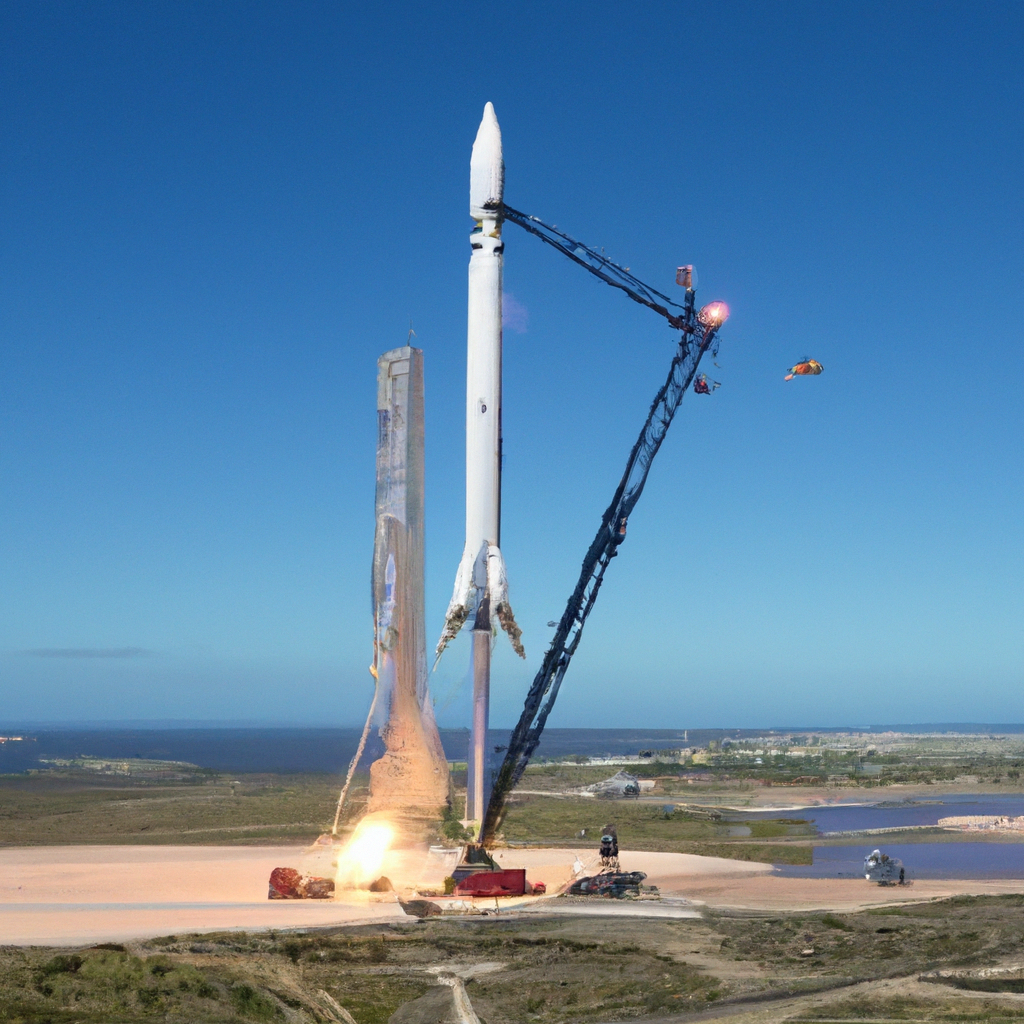 Create an image of the SpaceX Starship booster being successfully captured during its fifth test flight. The scene should depict the booster descending gracefully through a clear blue sky, with the ma