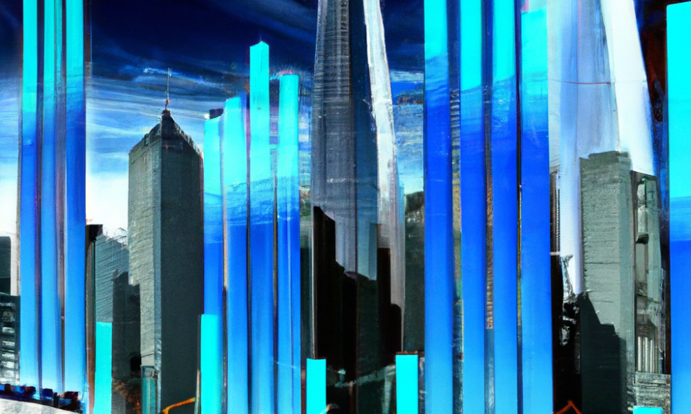 Create an image depicting a futuristic cityscape symbolizing growth and prosperity, with towering skyscrapers representing America Movil's success. In the foreground, incorporate digital screens displ