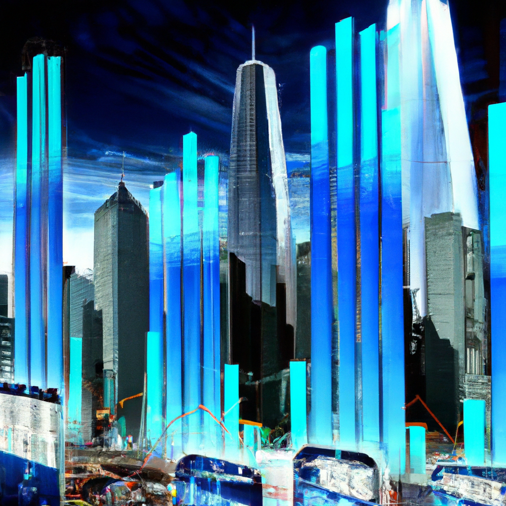Create an image depicting a futuristic cityscape symbolizing growth and prosperity, with towering skyscrapers representing America Movil's success. In the foreground, incorporate digital screens displ