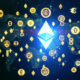 Create an image showcasing a dynamic and futuristic scene featuring various elements of cryptocurrency. Include glowing cryptocurrency symbols like Bitcoin, Ethereum, and others floating in a high-tec