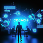 Create an image of a futuristic procurement office where professionals are interacting with digital screens displaying blockchain networks and smart contracts. The setting is filled with holographic p