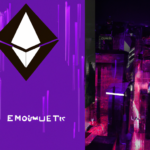 Create an illustration that represents the concept of Ethereum's price decline in a metaphorical and abstract manner. The image should depict a futuristic cityscape made of interconnected Ethereum sym