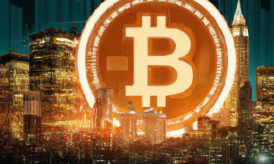 Create an image depicting a futuristic financial world where Bitcoin is represented visually as a gigantic, glowing coin, elevated above a bustling city. In the foreground, people excitedly discuss fi