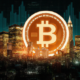 Create an image depicting a futuristic financial world where Bitcoin is represented visually as a gigantic, glowing coin, elevated above a bustling city. In the foreground, people excitedly discuss fi