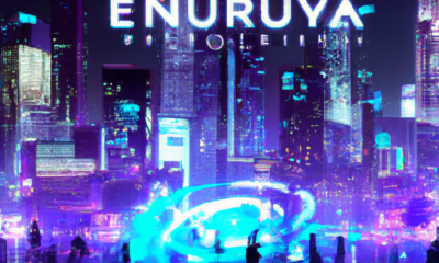 Create an image showcasing the futuristic and innovative launch of Consensys' Infura decentralized platform as EigenLayer AVS. The scene depicts a digital cityscape with a giant virtual screen display