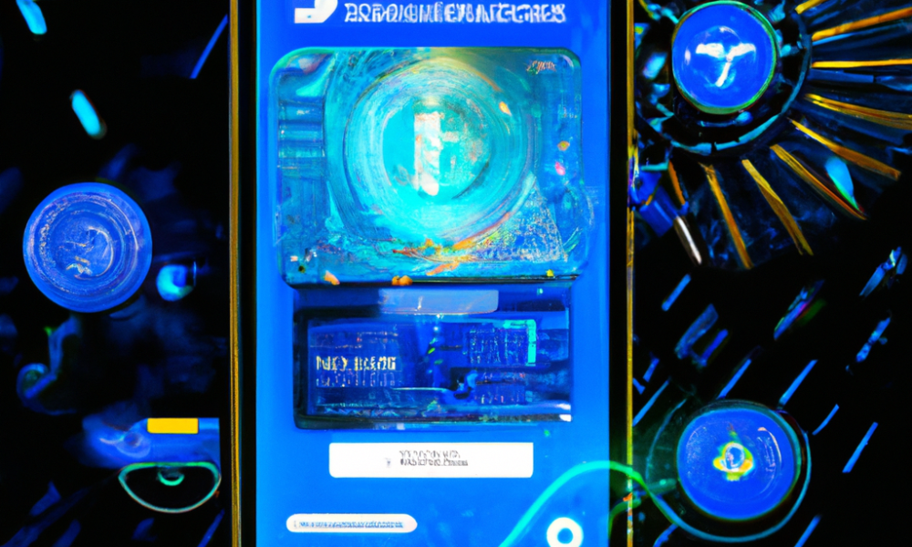 Create an image depicting a futuristic digital wallet interface labeled Coinbase Wallet on a sleek smartphone. The interface shows animated graphics of contactless crypto payments being sent and recei