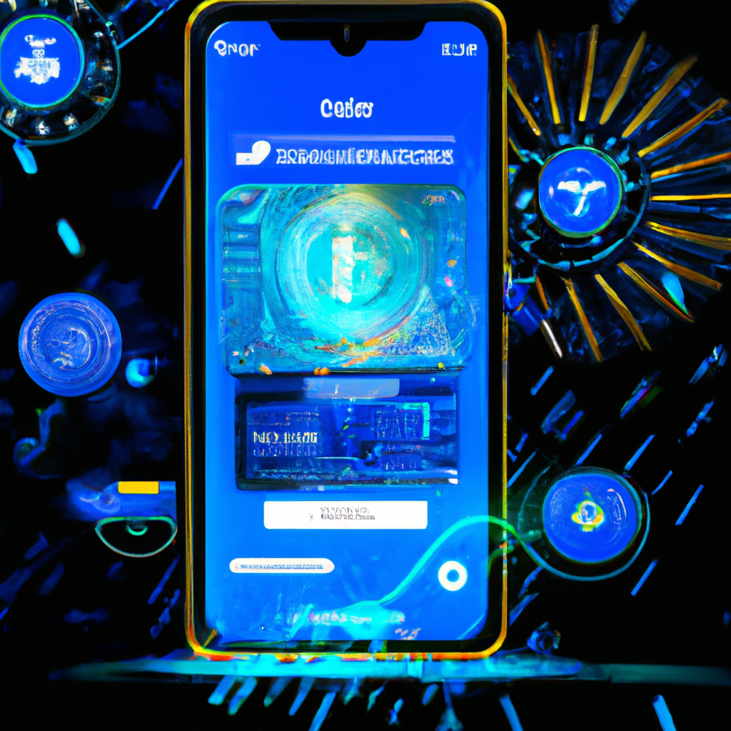 Create an image depicting a futuristic digital wallet interface labeled Coinbase Wallet on a sleek smartphone. The interface shows animated graphics of contactless crypto payments being sent and recei