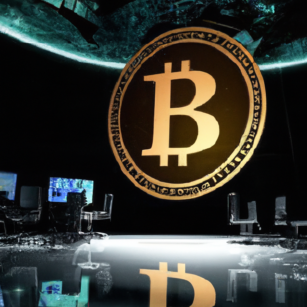 Create an image depicting a futuristic corporate boardroom with a digital display showing 'Genius Group' and a 66% upward stock trend. The center of the room features a large, glowing Bitcoin symbol,