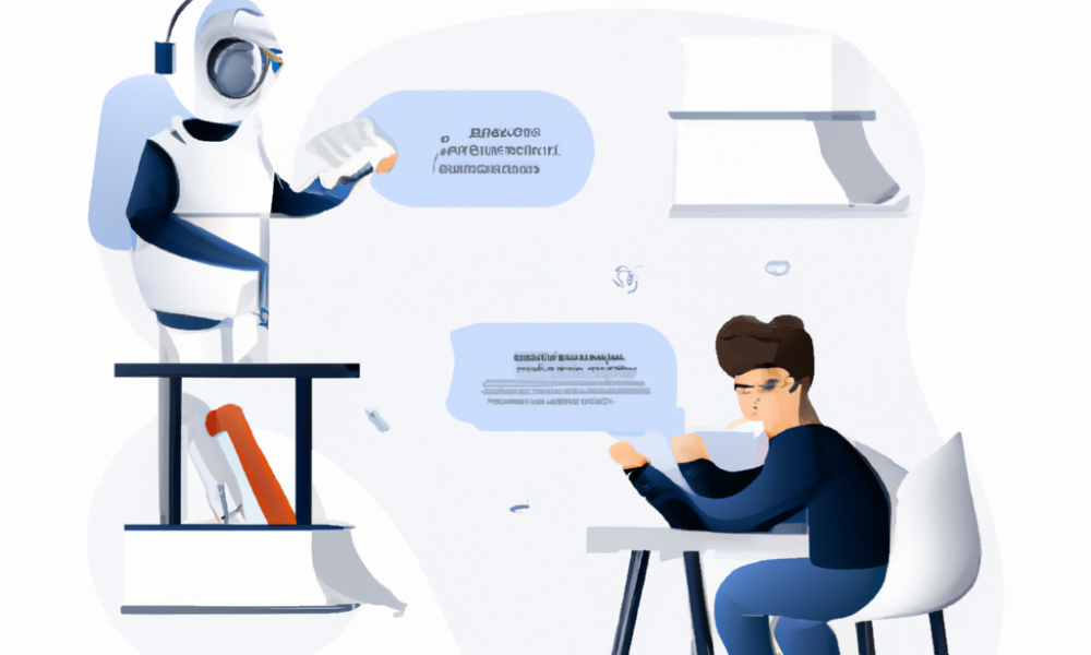 Create a digital illustration depicting a student sitting at a desk with books and a laptop open to a chat interface. The student looks shocked and confused while reading an unexpected, inappropriate