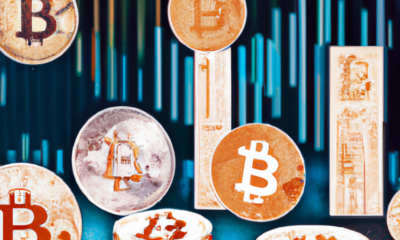 Create a digital illustration showcasing a futuristic financial market scene, where bitcoin and stablecoins are characterized as physical coins with unique designs. The setting is a bustling digital m