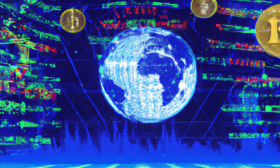 Create an image of a futuristic stock exchange floor, surrounded by digital screens displaying various cryptocurrency symbols and fluctuating graphs. In the center, depict a transparent glass globe, s