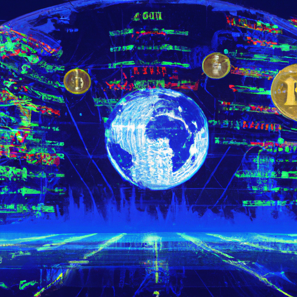 Create an image of a futuristic stock exchange floor, surrounded by digital screens displaying various cryptocurrency symbols and fluctuating graphs. In the center, depict a transparent glass globe, s